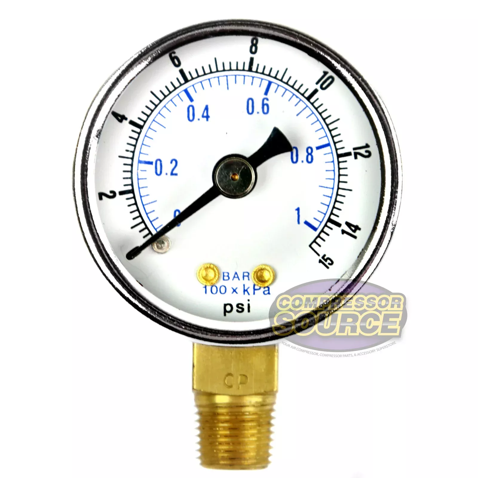 1.5" Face 1/8" NPT 0-15 PSI Pressure Gauge Lower Side Mount