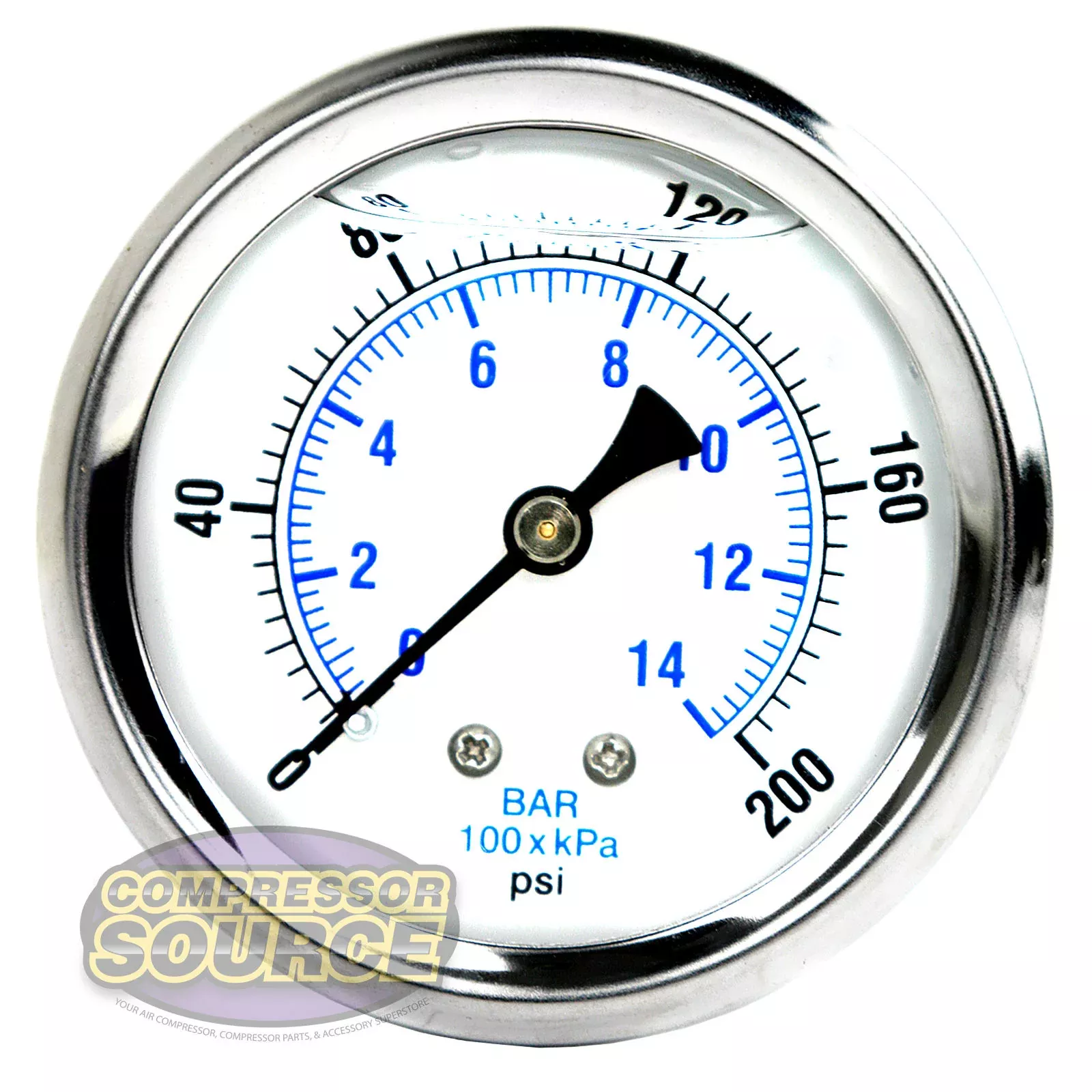 2.5" Face Liquid Filled 0-200 PSI Center Back Mount Pressure Gauge