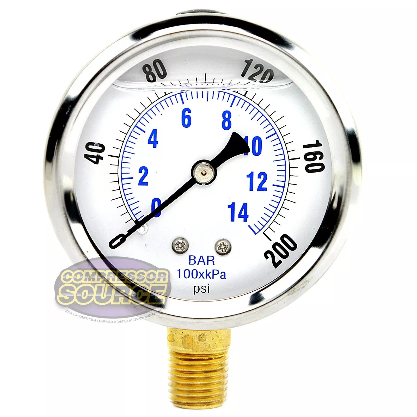 2.5" Face Liquid Filled 0 - 200 PSI Pressure Gauge Lower Side Mount