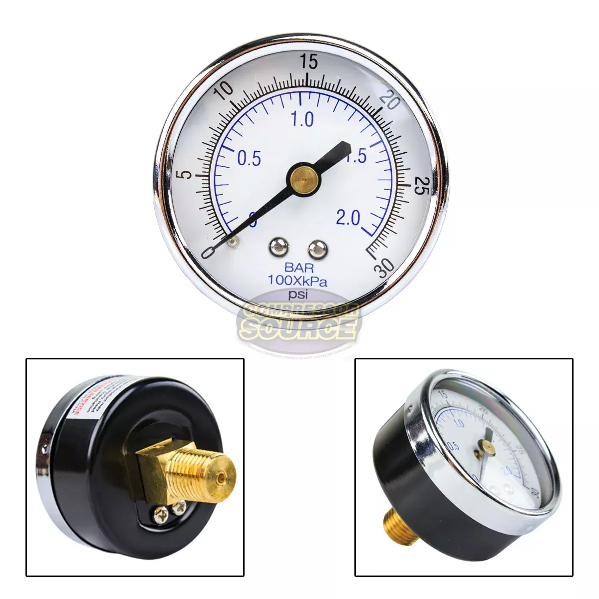 2" Face 1/4" NPT 0-30 PSI Pressure Gauge Center Back Mount