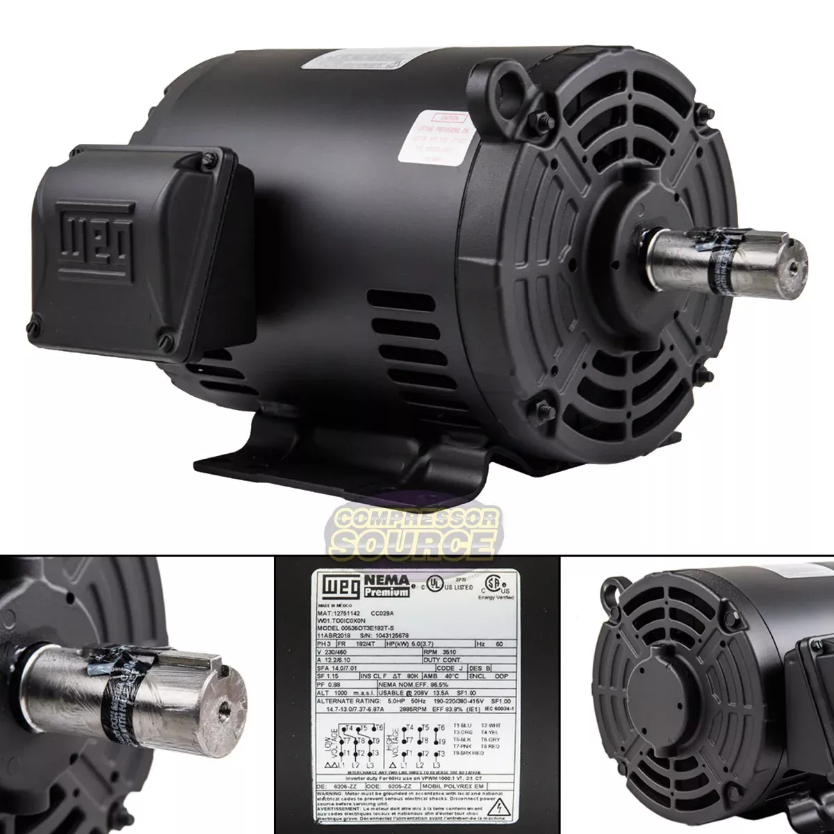 5 HP 3 Phase Motor 3510 RPM 182/4T Frame ODP WEG | 00536OT3E182T-S