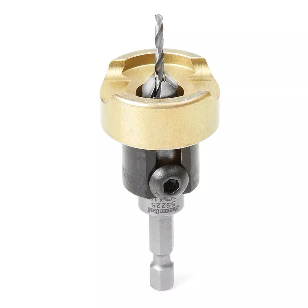Amana Tool Carbide-Tipped 82° Countersink Drill Bit with Straight Pilot Bit, No-Mar Ball-Bearing Depth Stop and 1/4'' Hex Shank
