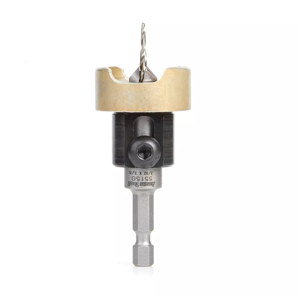 Amana Tool Carbide-Tipped 82° Countersink Drill Bit with Tapered Pilot Bit, No-Mar Ball-Bearing Depth Stop and 1/4'' Hex Shank