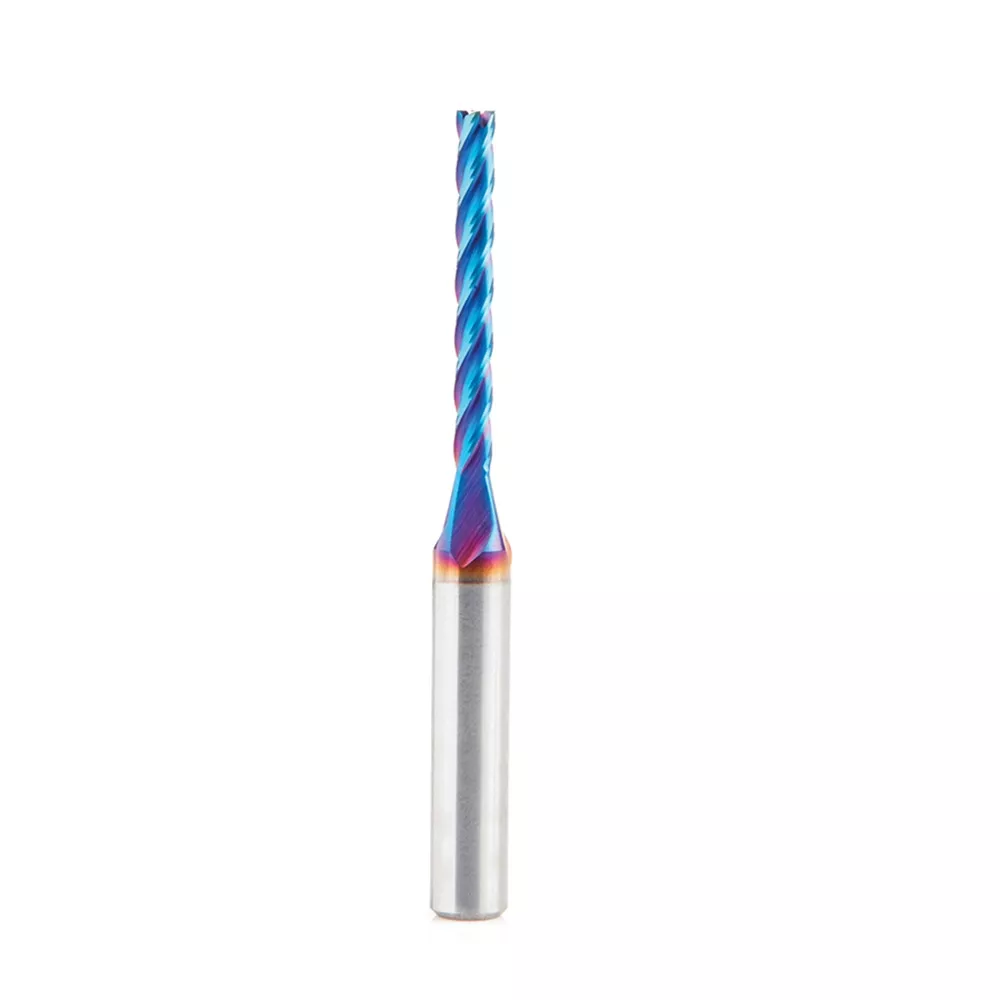 Amana Tool Solid Carbide Spektra 4-Flute Up-Cut Spiral CNC Carving Router Bit, Flat Bottom 0.10° Angle x 1/8'' Dia. x 1-3/32'' Cutting Height x 1/4'' Shank x 2-1/2'' Long
