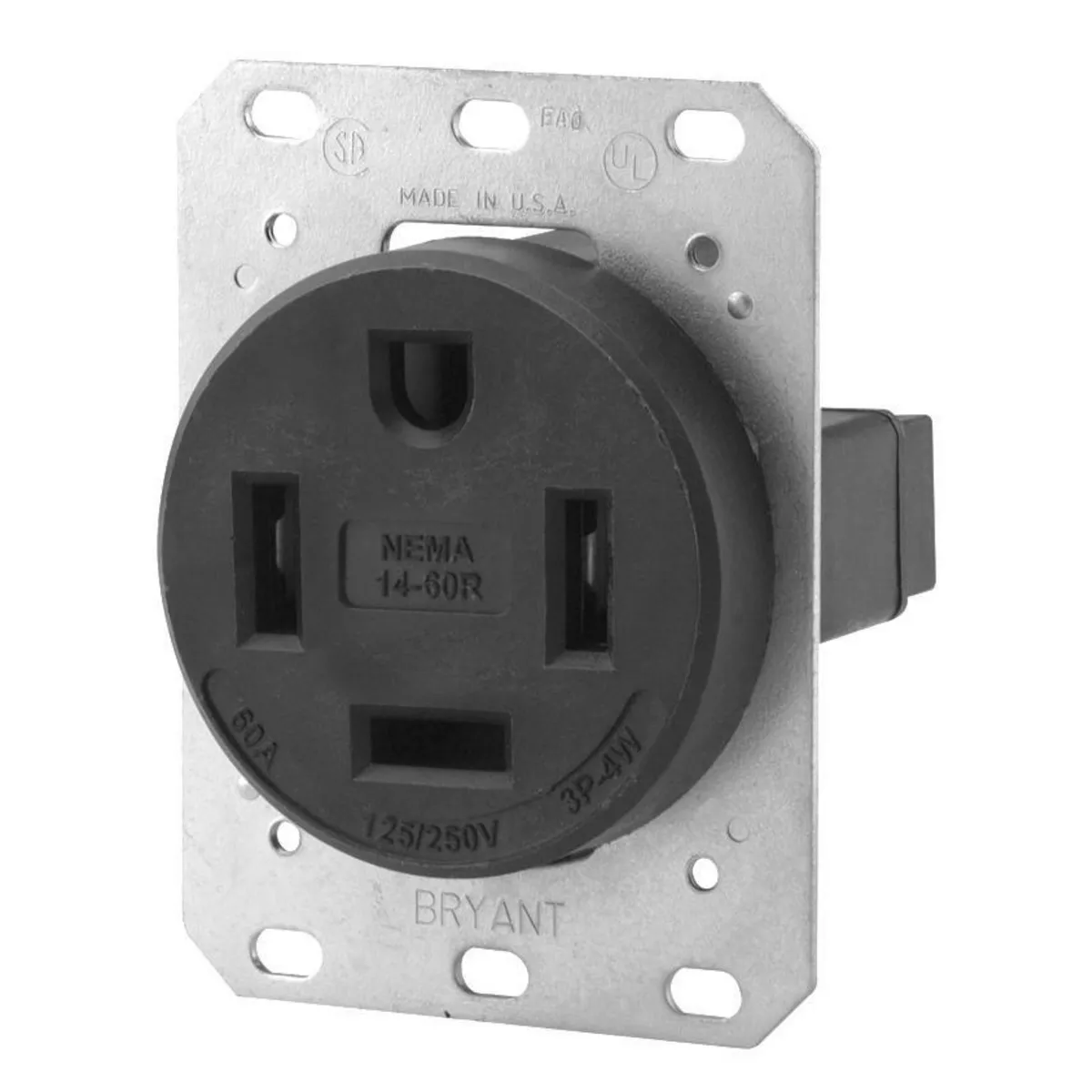 Bryant 9460FR Straight Blade Device, Receptacles, Flush Mount Single, Commercial/Industrial Grade, 60A 125/250V, Reinforced Black Thermoplastic Polyester, 3-Pole 4-Wire Grounding, 14-60R, Black, Single Pack