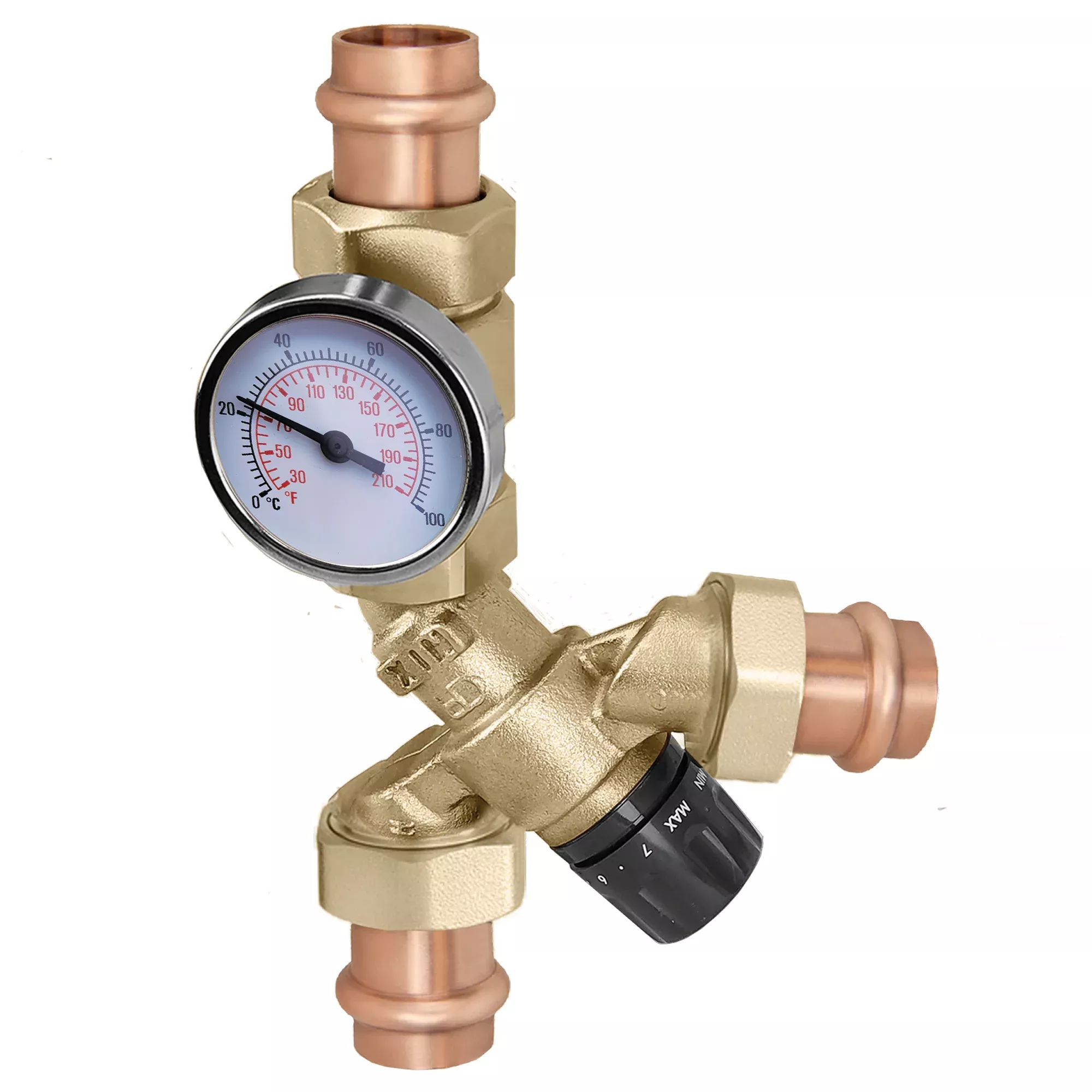 Caleffi 520516AC AngleMix™ 3-Way Angle-Style Thermostatic Mixing Valve w/ Temperature Gauge and Check Valve, 3/4" Press
