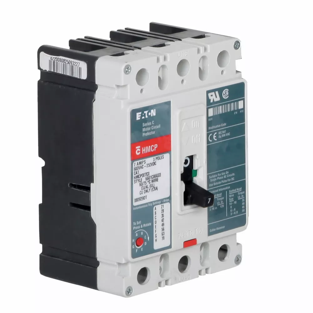 Cutler-Hammer HMCP015EOC03 molded case circuit breaker accessory motor protection, Motor circuit protector, 15 A, Three-pole, 600 V, 250 Vdc, 45-150 A, Series C, Non-aluminum terminals, Non-aluminum