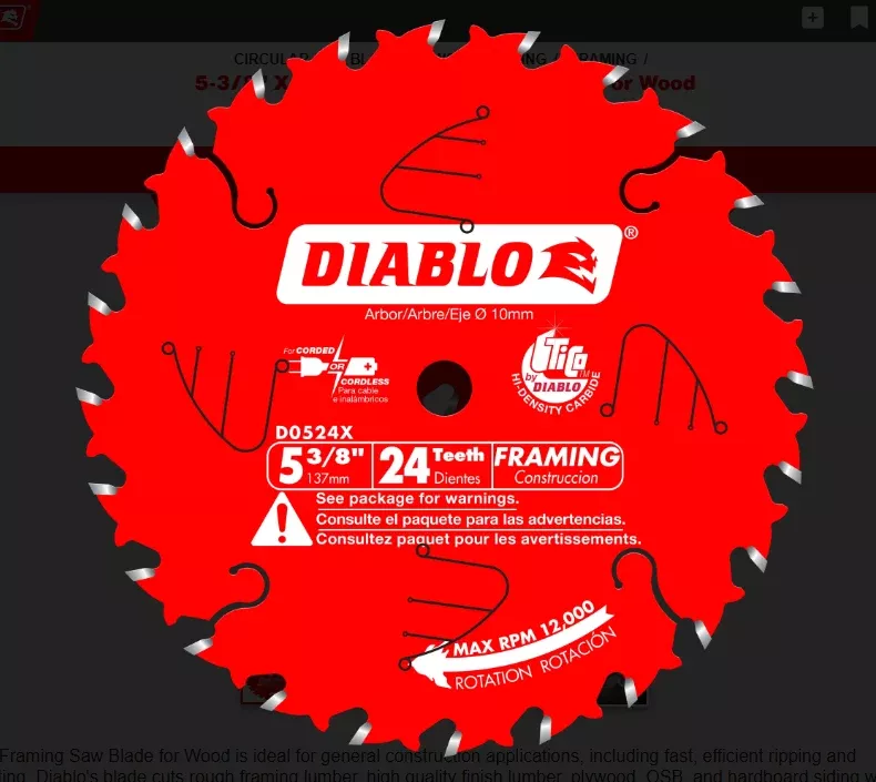 Diablo Tools D0524X 5-3/8" x 24-Teeth Framing Saw Blade for Wood