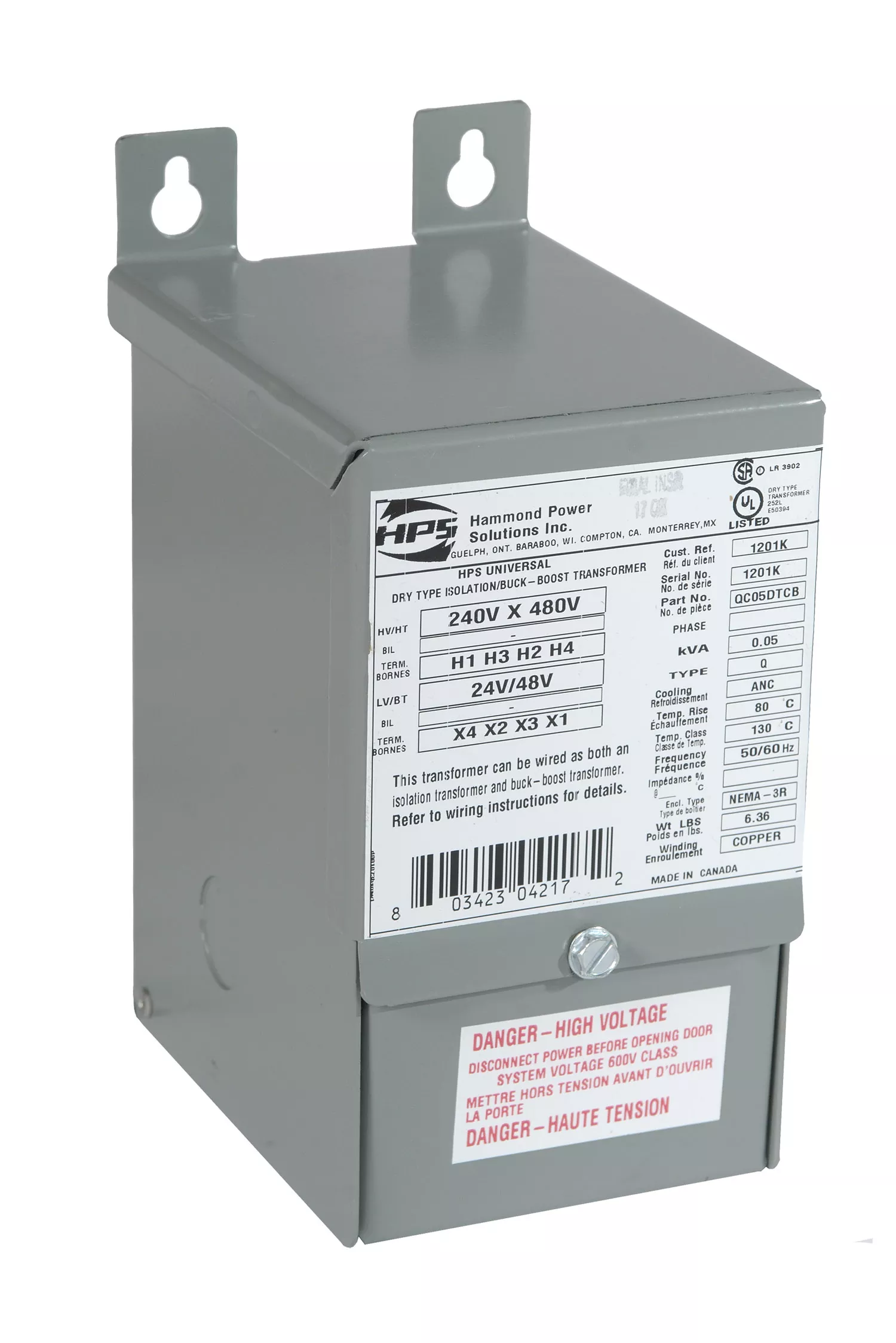Hammond QC25ERCB 250 VA 120/240 Volt Primary 12/24 Volt Secondary 1-Phase Lighting Transformer
