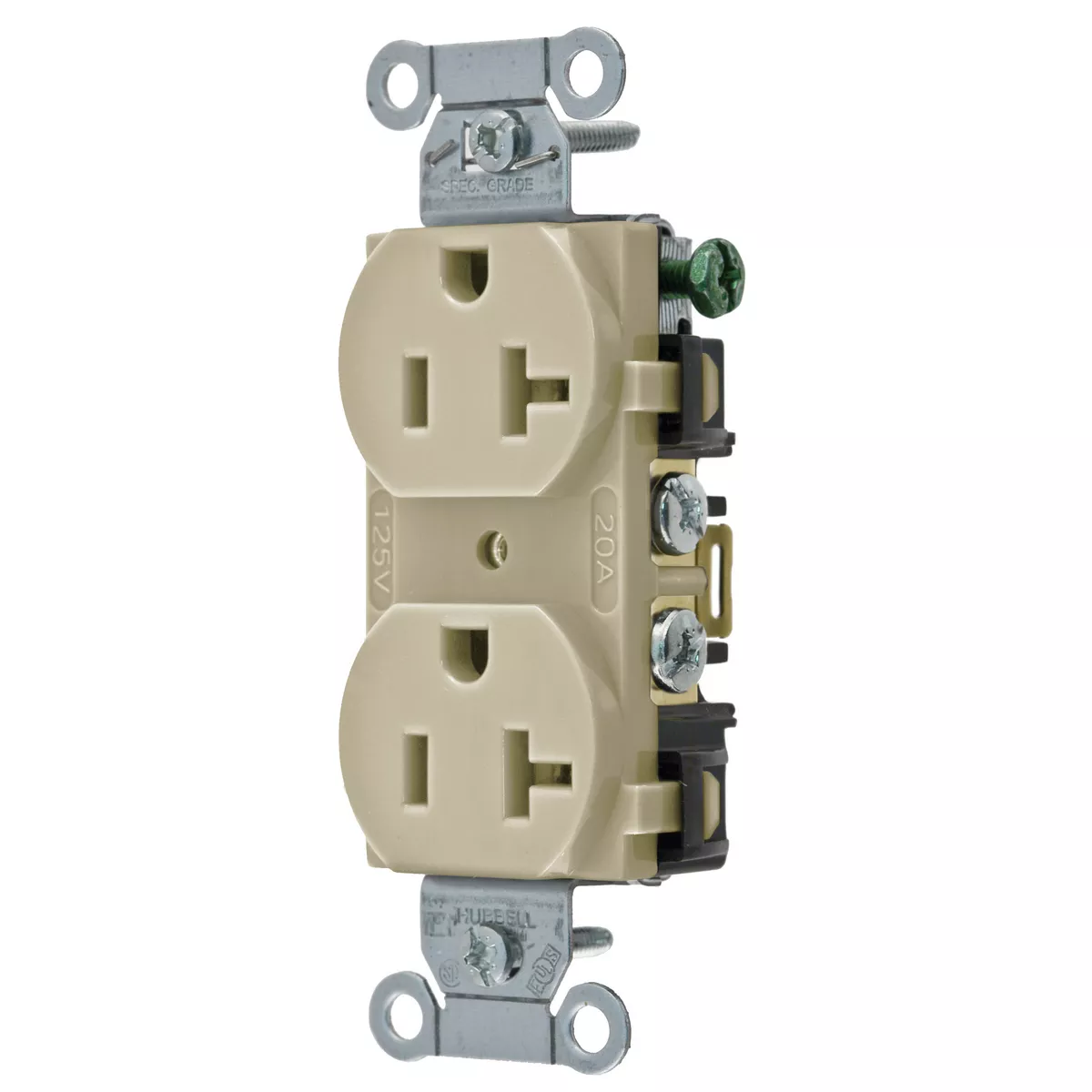 Hubbell BR20-I Ivory 20A 125V Duplex Receptacle. Commercial Spec Grade