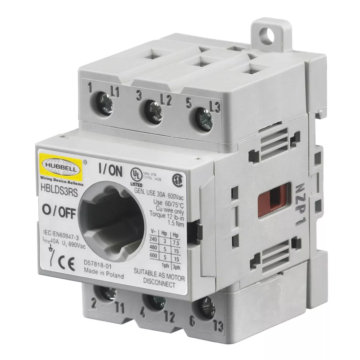 Hubbell HBLDS3RS Replacement Switch, Mechanical Interlock, 600V RMS Max