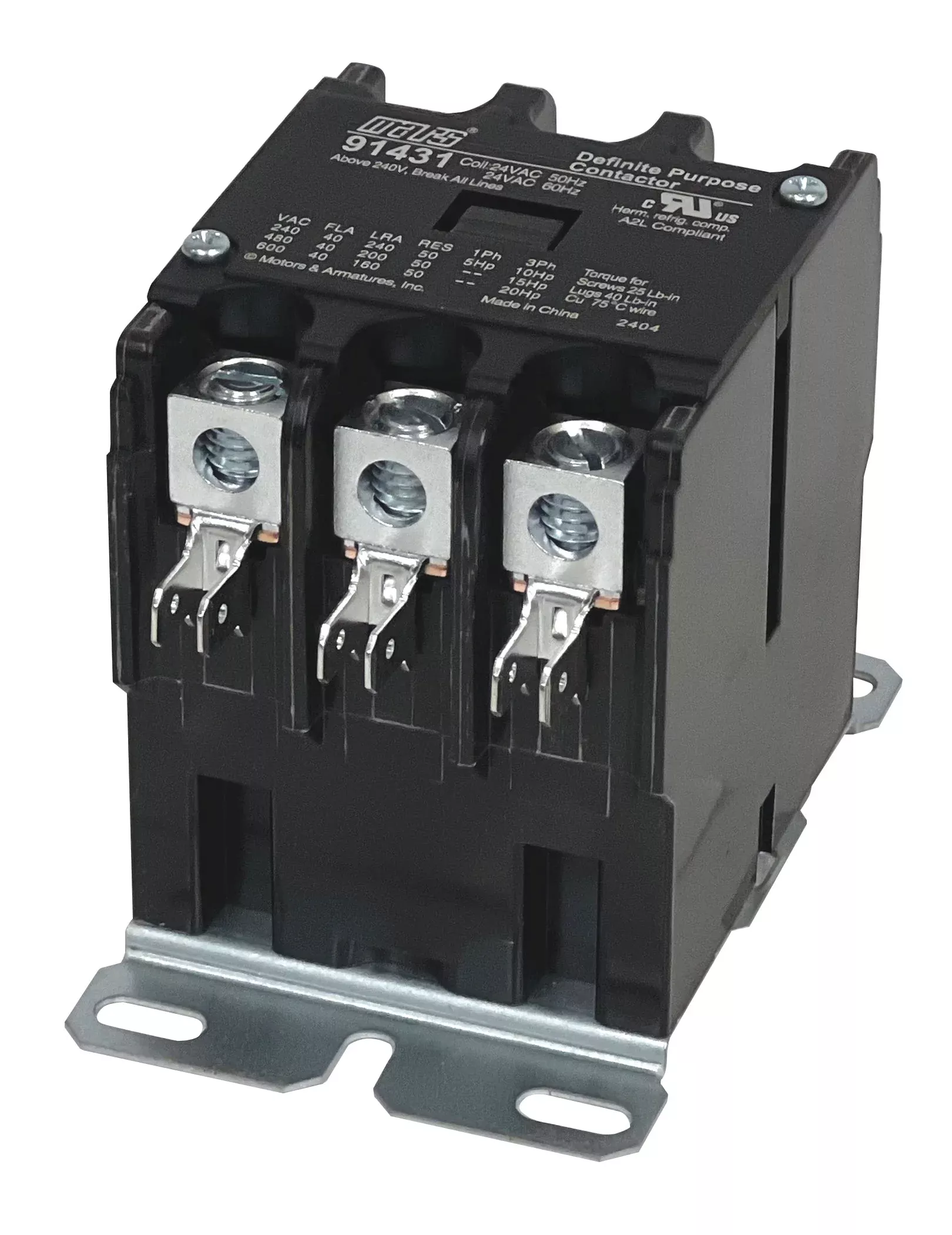 Mars 91431 3 Pole 40 Amp Definite Purpose Contactor with Lugs, 24V Coil