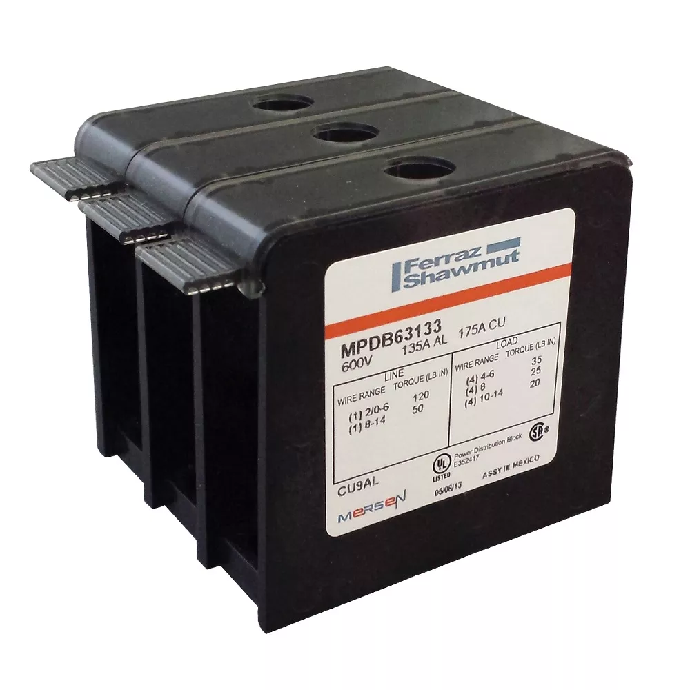 Mersen MPDB67413 3-Pole 380 Amp 1000 VAC/VDC Aluminum Intermediate Power Distribution Block