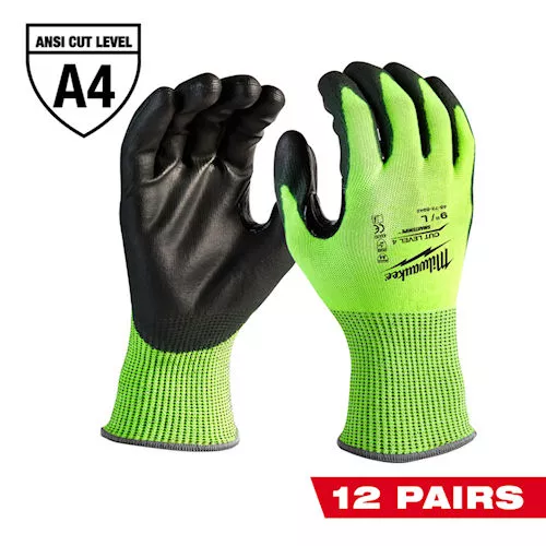 Milwaukee 48-73-8942B High Visibility Polyurethane Dipped Gloves, ANSI Cut Level 4 - Large (Pack of 12pr)