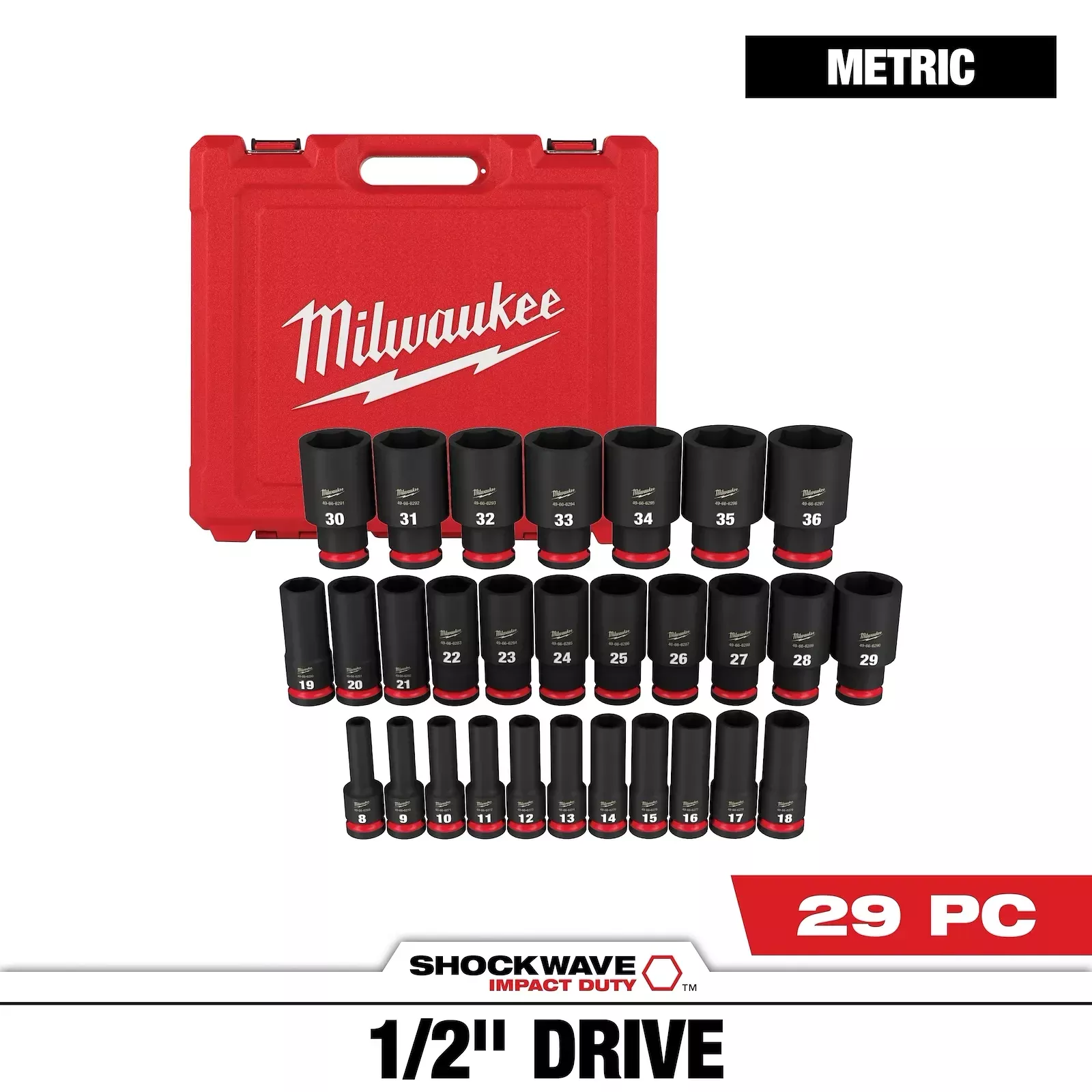 Milwaukee 49-66-7015 29PC SHOCKWAVE™ Impact Duty 1/2" Drive Metric Deep 6 Point Socket Set