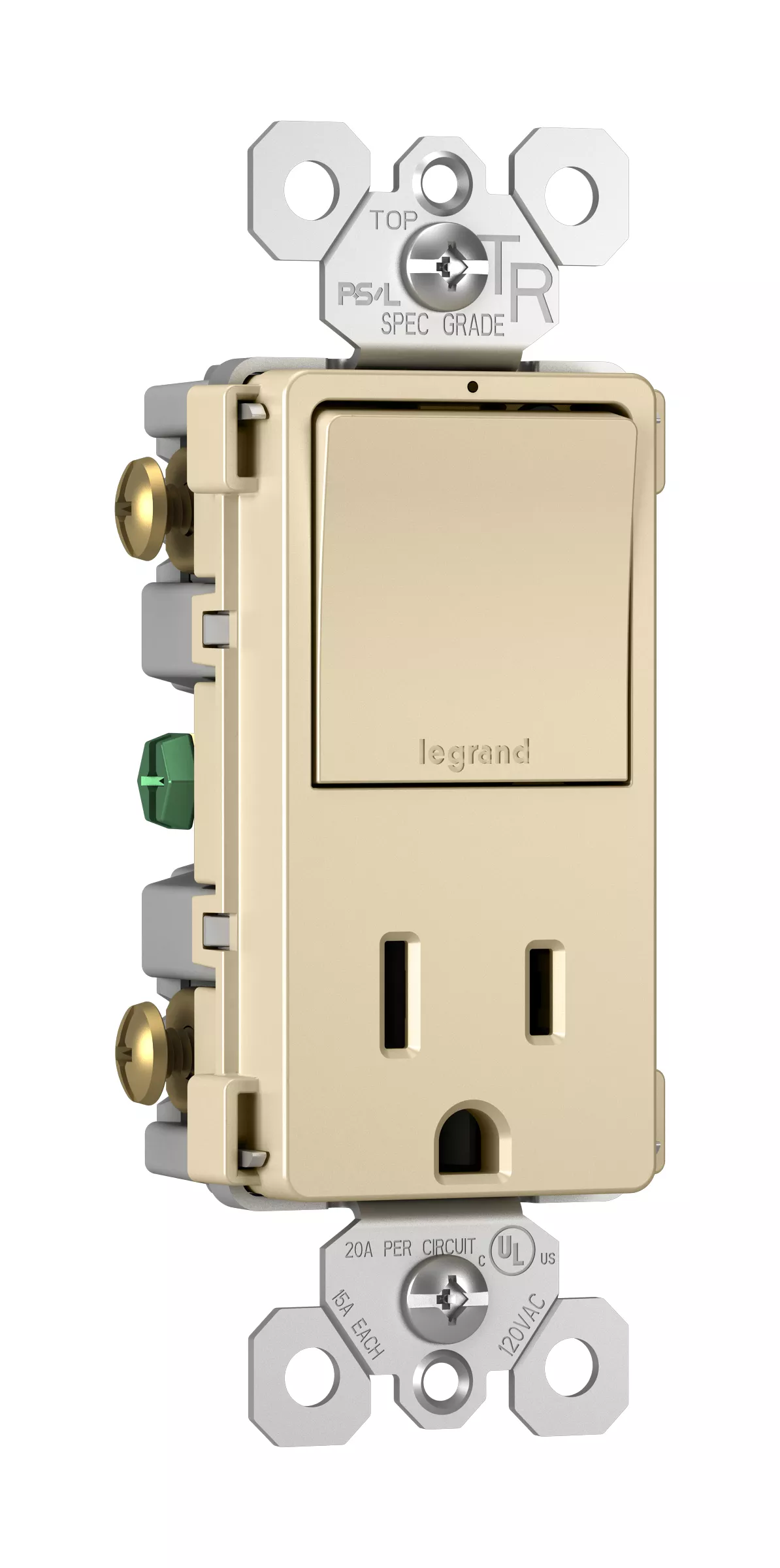 Pass & Seymour RCD38TRI Combination Single Pole/3-Way Switch & Tamper Resistant Receptacle, 15A 120/125V - Ivory