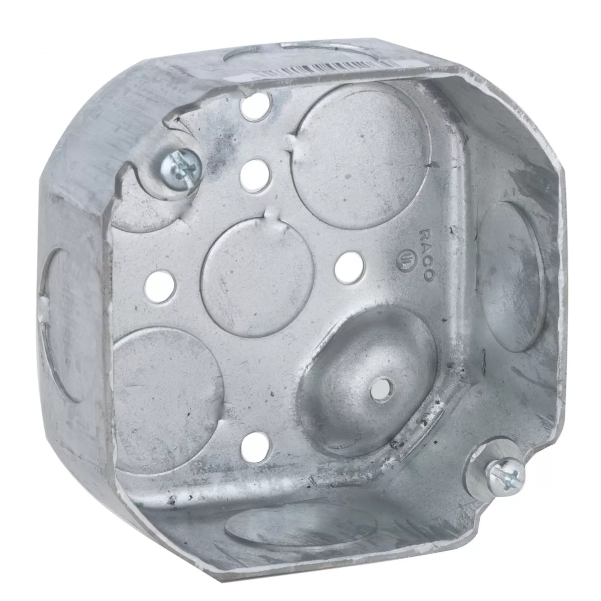 Raco 126 4" Octagon Box, Drawn, 1-1/2" Deep, Two 1/2 & Six 3/4" KO's, Raised Ground