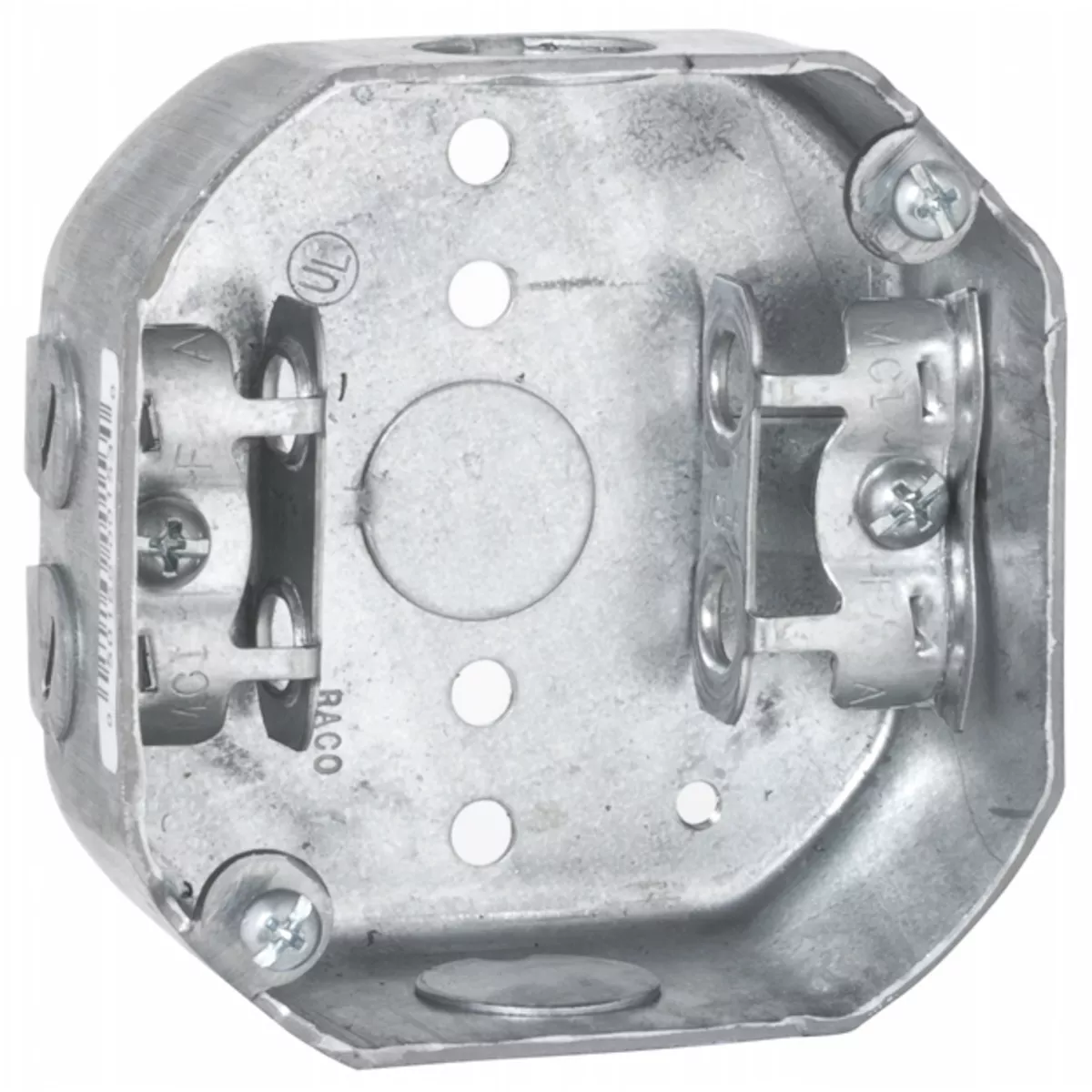 Raco 153 4" Octagon Box, Drawn, 1-1/2" Deep, Three 1/2" KO's & AC/MC/Flex Clamps