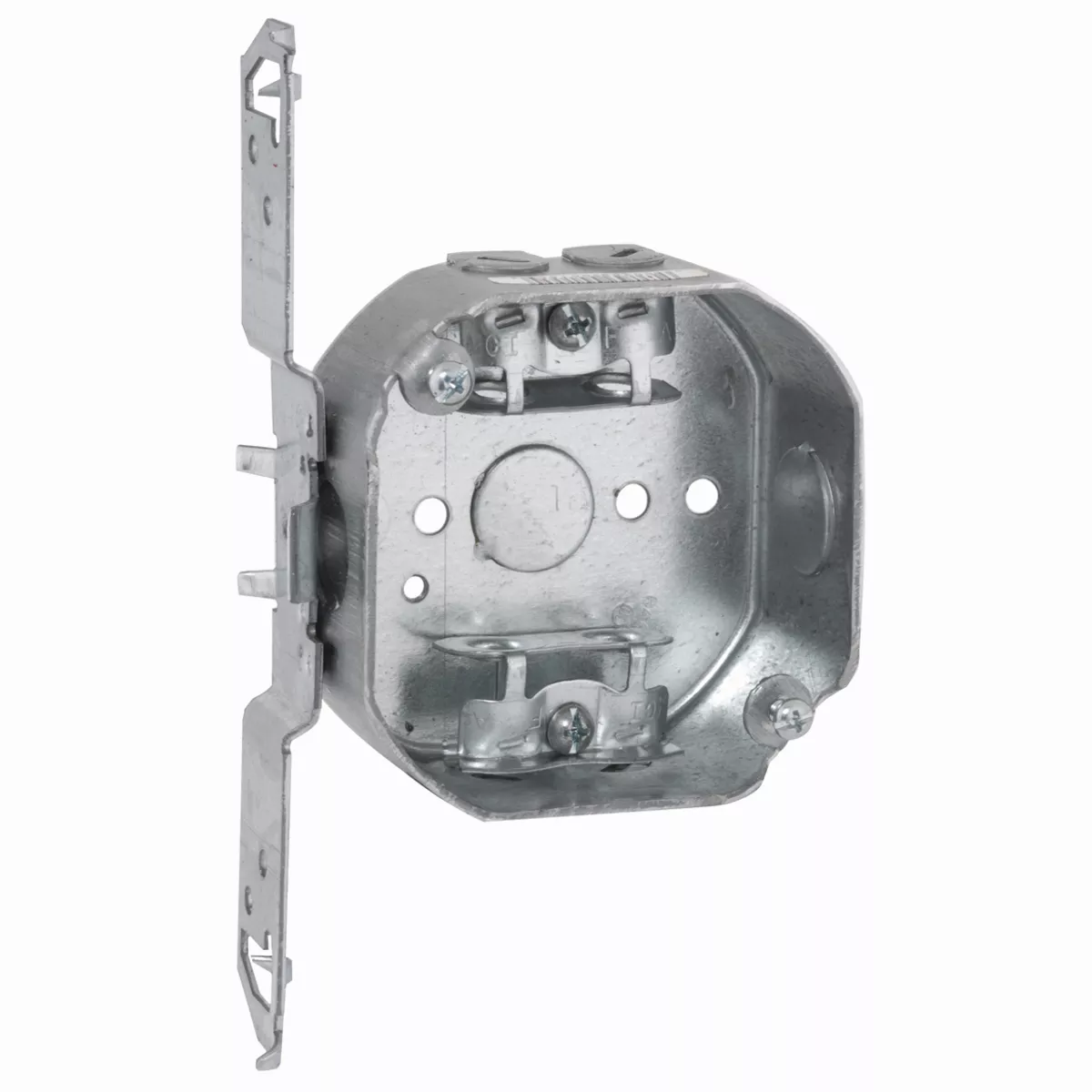Raco 155 4" Octagon Box, Drawn, 1-1/2" Deep, Two 1/2" KO's & AC/MC/Flex Clamps, TS Bracket