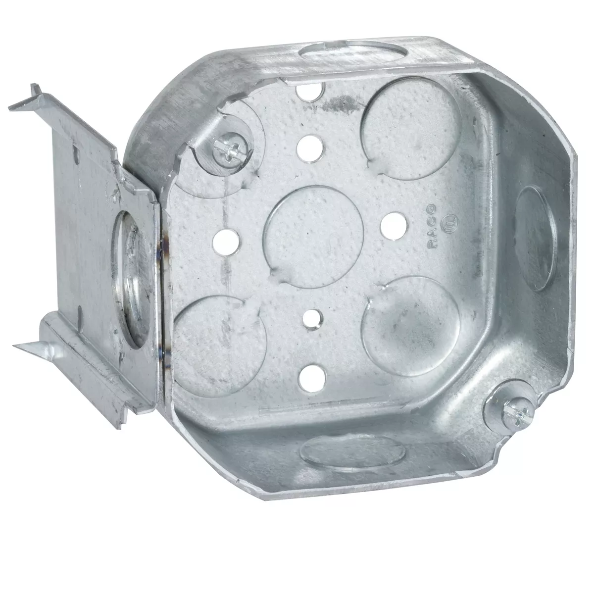 Raco 158 4" Octagon Box, Drawn, 1-1/2" Deep, Nine 1/2" KO's, J Bracket