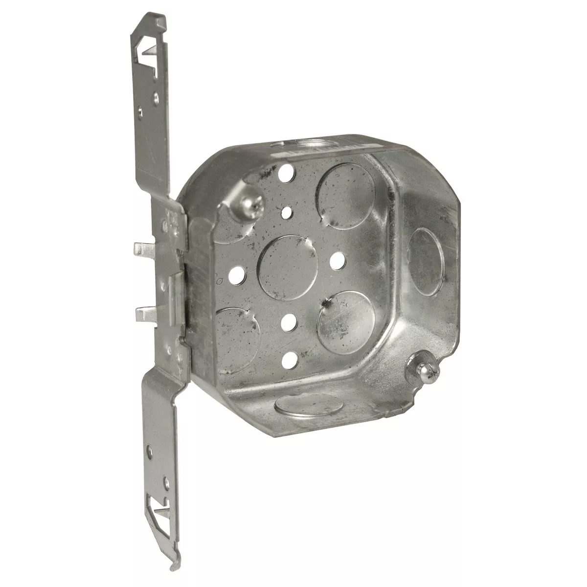 Raco 161 4" Octagon Box, 1-1/2" Deep, 1/2" Side Knockouts, Wood/Metal Stud Bracket