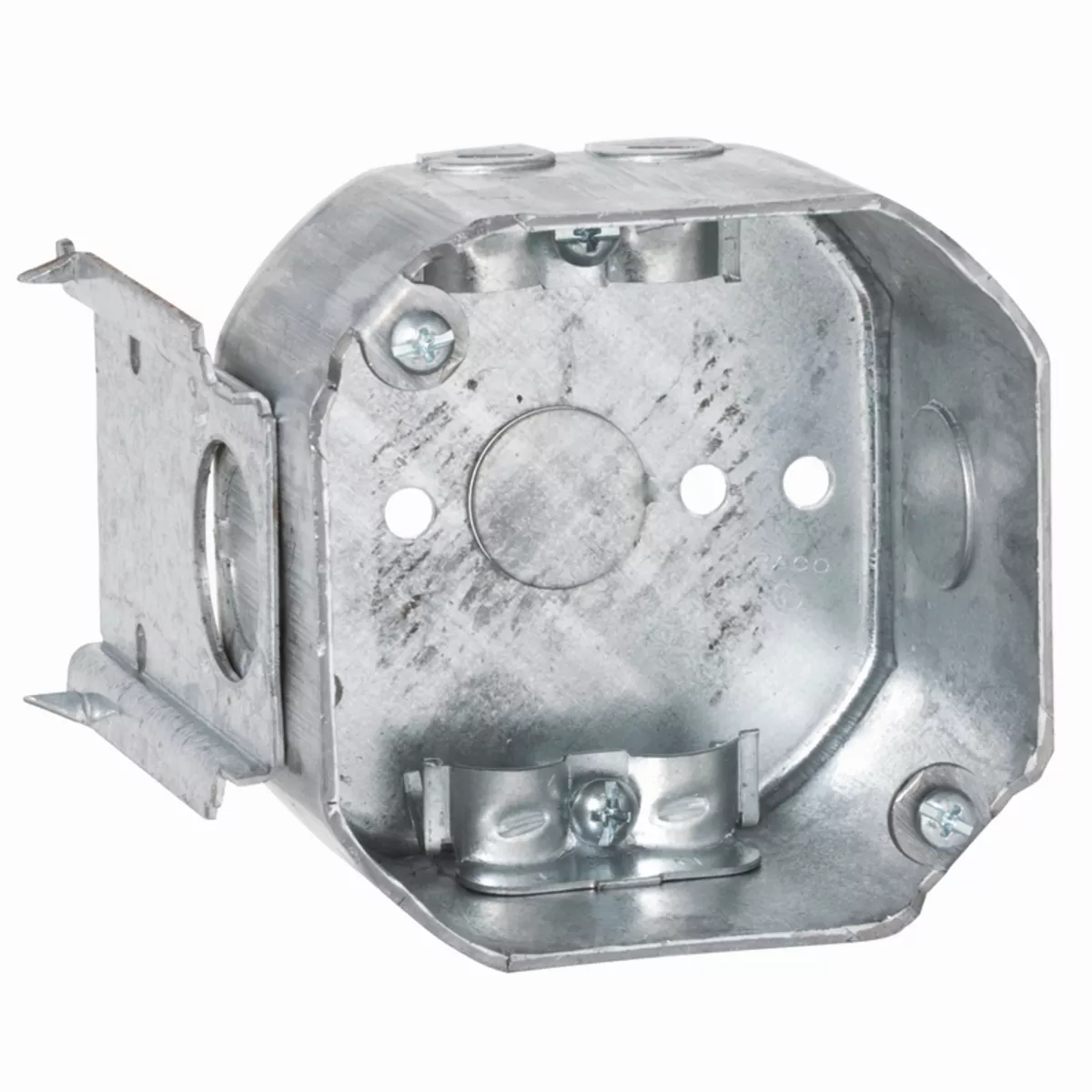 Raco 176 4" Octagon Box, Drawn, 2-1/8" Deep, Two 1/2" KO's & NMSC Clamps, TS Bracket