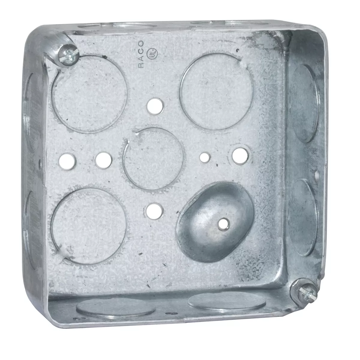Raco 191 4" Square Box, 1-1/2" Deep, 1/2" & 3/4" Knockouts, Raised Ground, Drawn