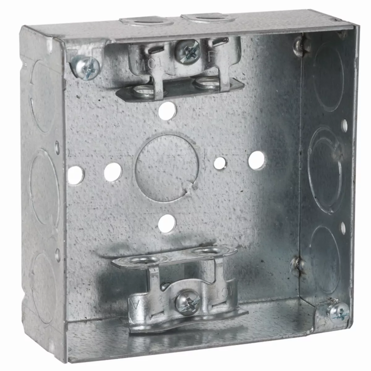 Raco 213 4" Square Box, Welded, 1-1/2" Deep with AC/MC/Flex Clamps, Five 1/2" KO's and Two TKO's