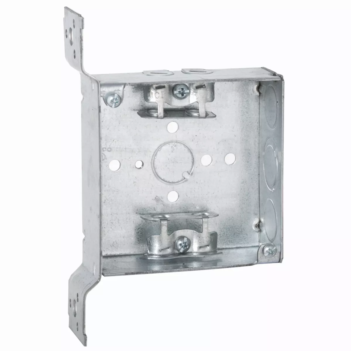 Raco 218 4" Square Box, Welded, 1-1/2" Deep with AC/MC/Flex Clamps, Three 1/2" KO's and One TKO, UBS, FS Bracket, Flush