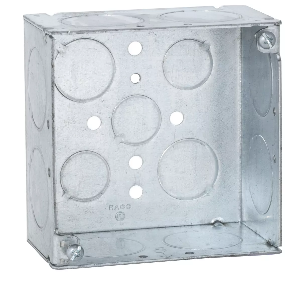 Raco 233 4" Square Box, 2-1/8" Deep, 1/2"-3/4"-1" Knockouts, Welded