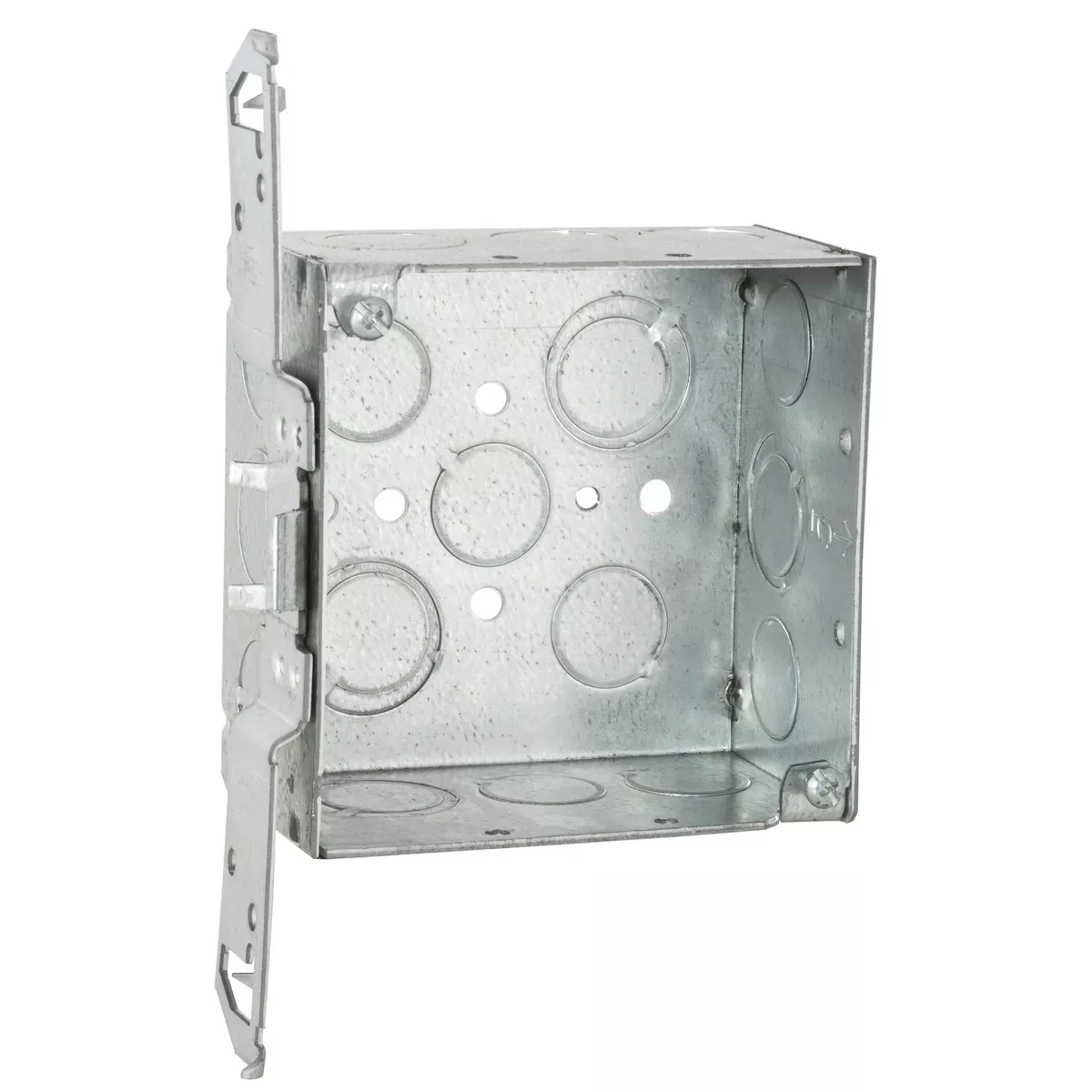 Raco 235 4" Square Box, 2-1/8" Deep, 1/2" & 3/4" Knockouts, Wood/Metal Stud Bracket, Welded
