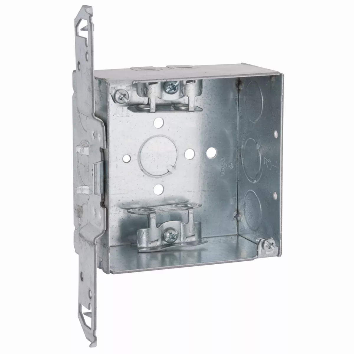 Raco 241 4" Square Box, Welded, 2-1/8" Deep with AC/MC/Flex Clamps, Three 1/2" KO's and One TKO, TS Bracket, Flush