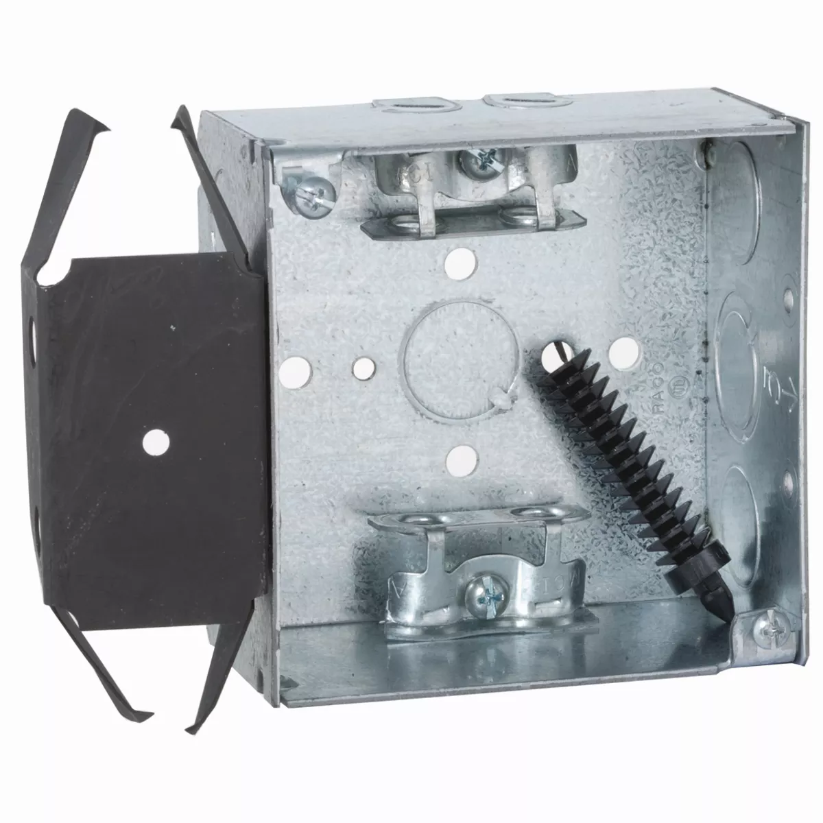 Raco 243 4" Square Box, Welded, 2-1/8" Deep with AC/MC/Flex Clamps, Three 1/2" KO's and One TKO, BOX-LOC, MS Bracket, Flush