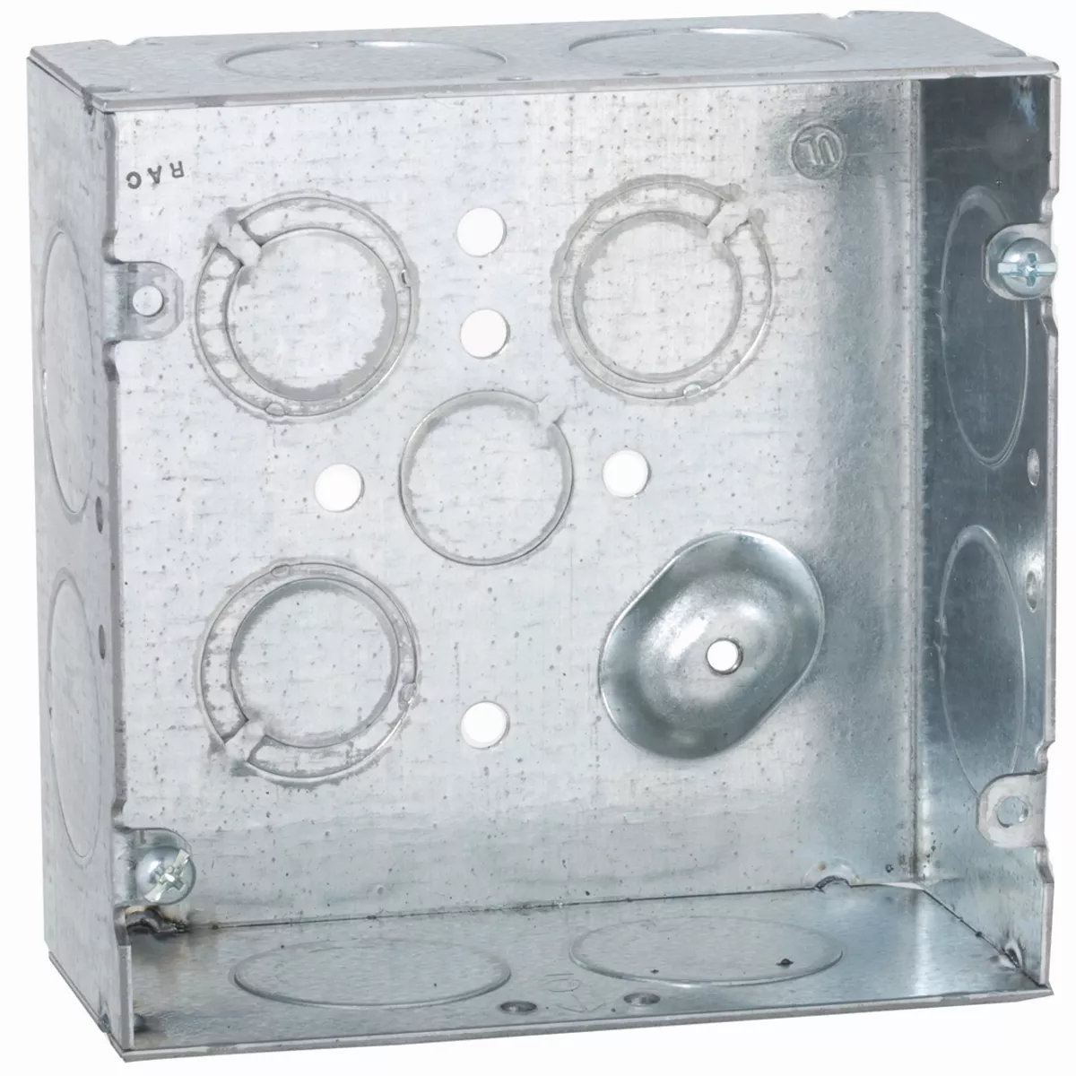 Raco 258 4-11/16" Steel Square Box, 2-1/8" Deep, 1" Side Knockouts, Welded