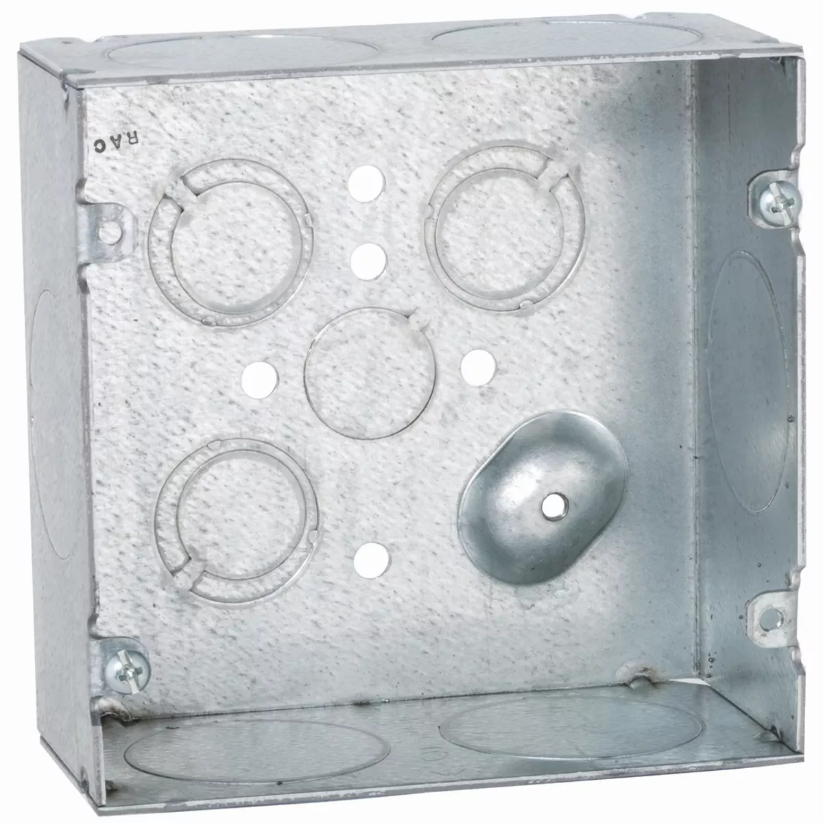 Raco 259 4-11/16" Square Box, 2-1/8" Deep, 1-1/4" Side Knockouts, Welded