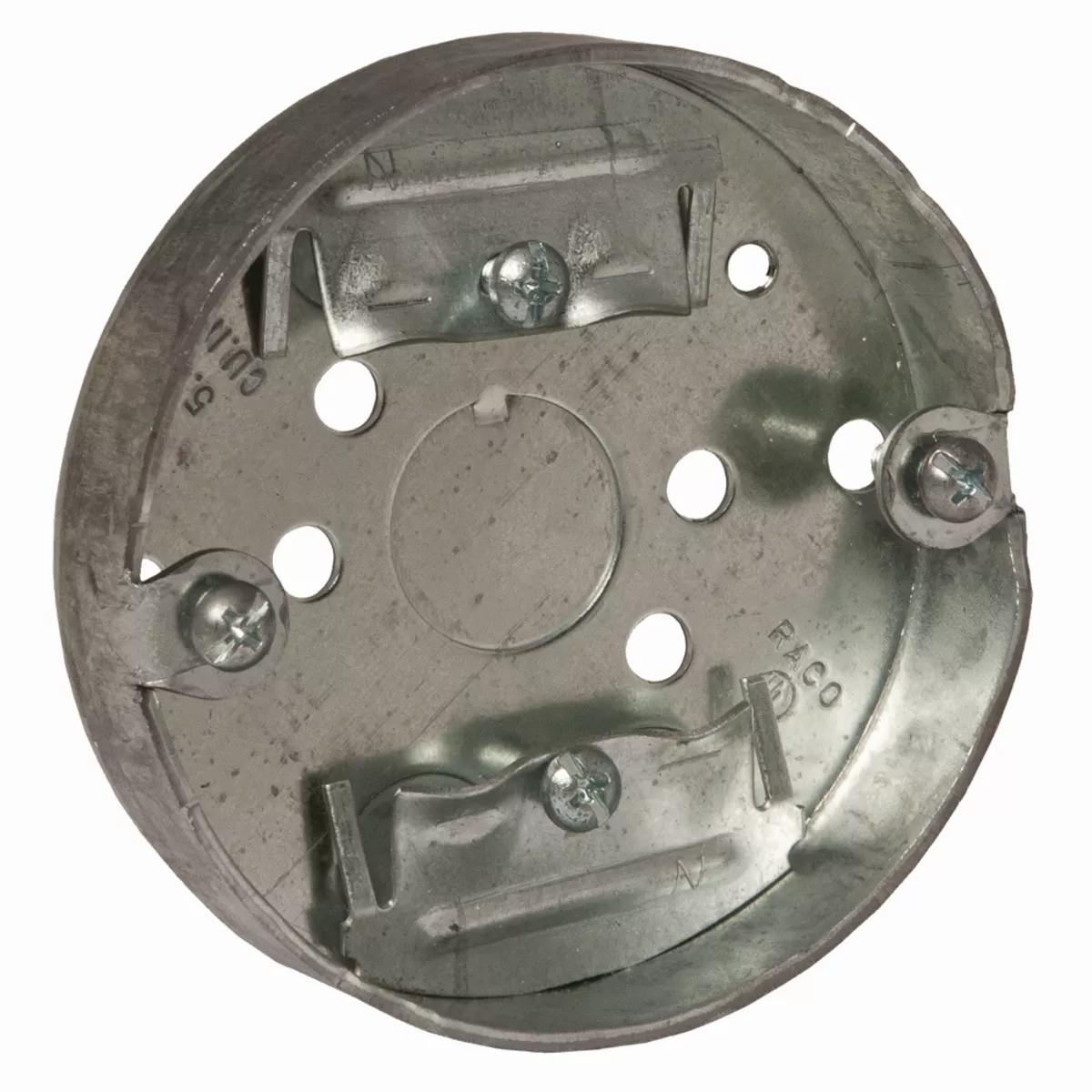 Raco 287 3-1/2" Round Ceiling Pan, 3/4" Deep, 1/2" Center Bottom Knockout, NMSC Clamps