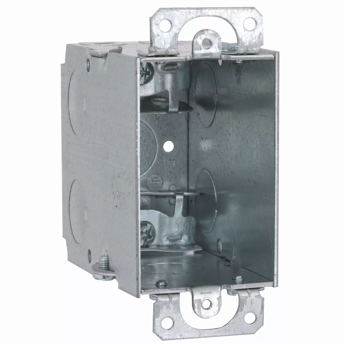 Raco 600 3 in x 2" Switch Box, Gangable, 3-1/2" Deep, Three 1/2" KO's & AC/MC/Flex Clamps, Plaster Ears