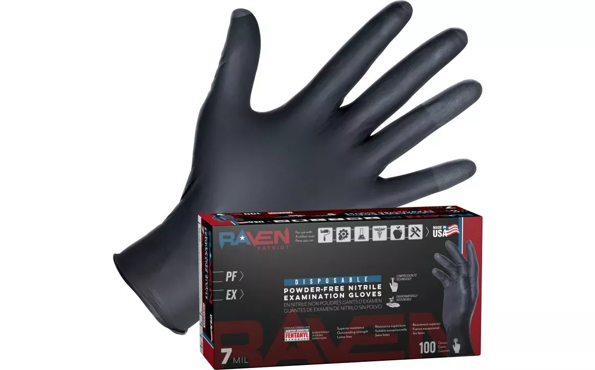 SAS Safety Corp 66484 Raven Patriot Powder-Free Exam Grade Nitrile Disposable Gloves - 7 Mil - 100PK - Size XL
