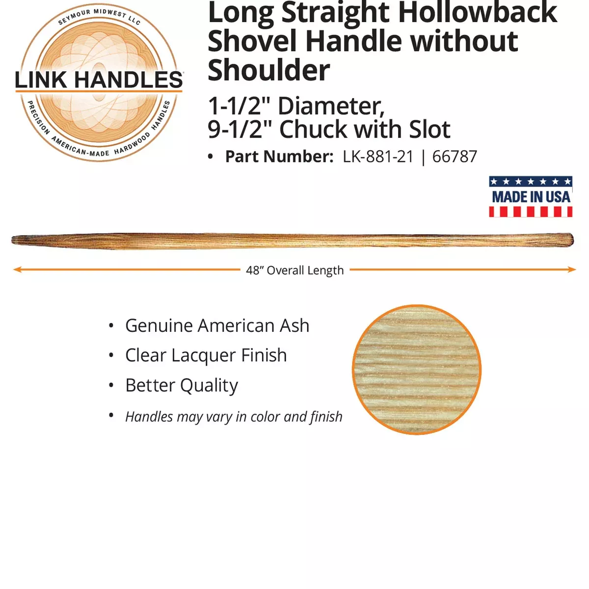 Seymour 66787 48" Straight Hollowback Shovel Handle, without Shoulder, 9-1/2" Chuck with Slot