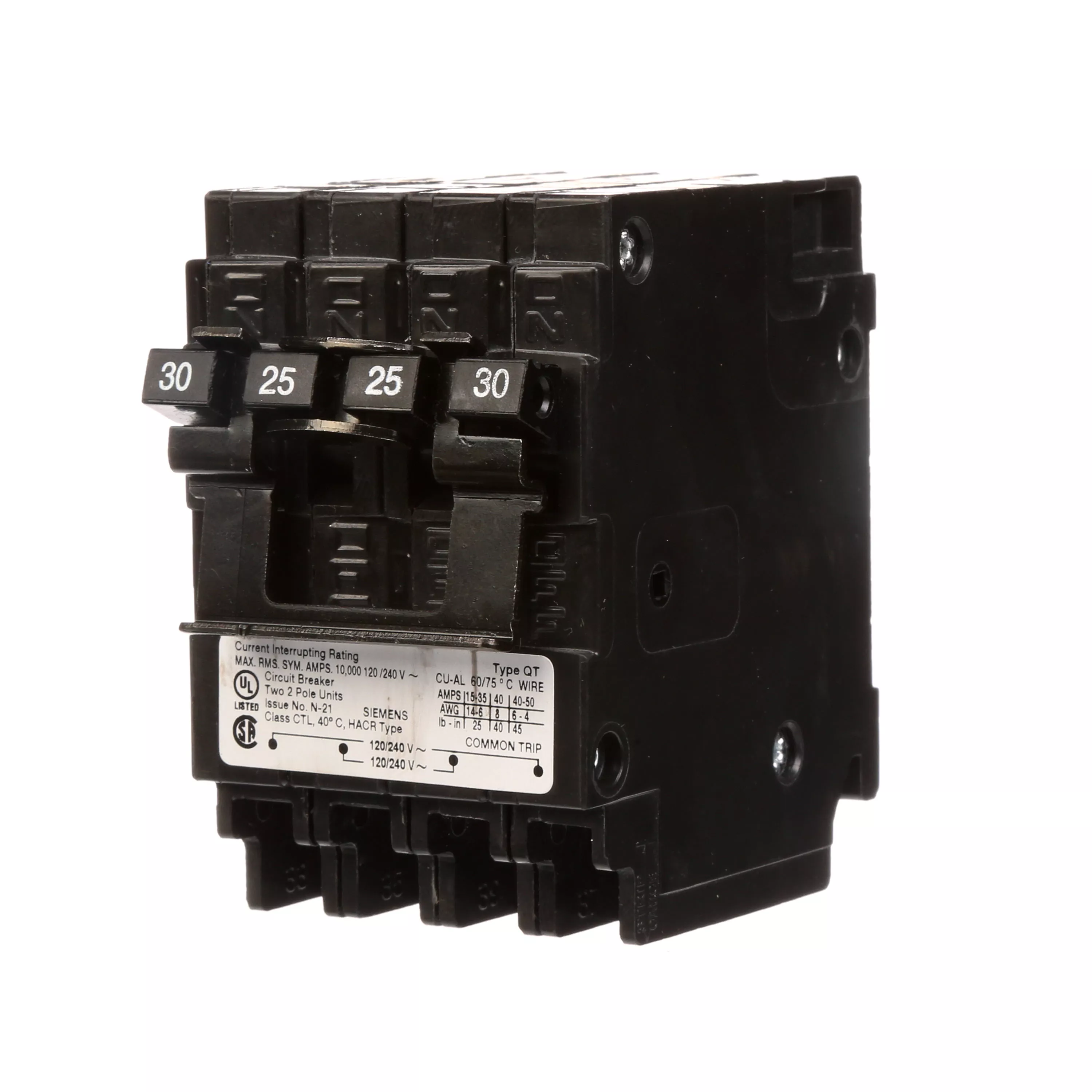 Siemens Q23025CT2 Quadplex Circuit Breaker, 2-Pole 30A-25A Inner-Outer Common-Trip, 120/240V AC, Plug-In, 10kA
