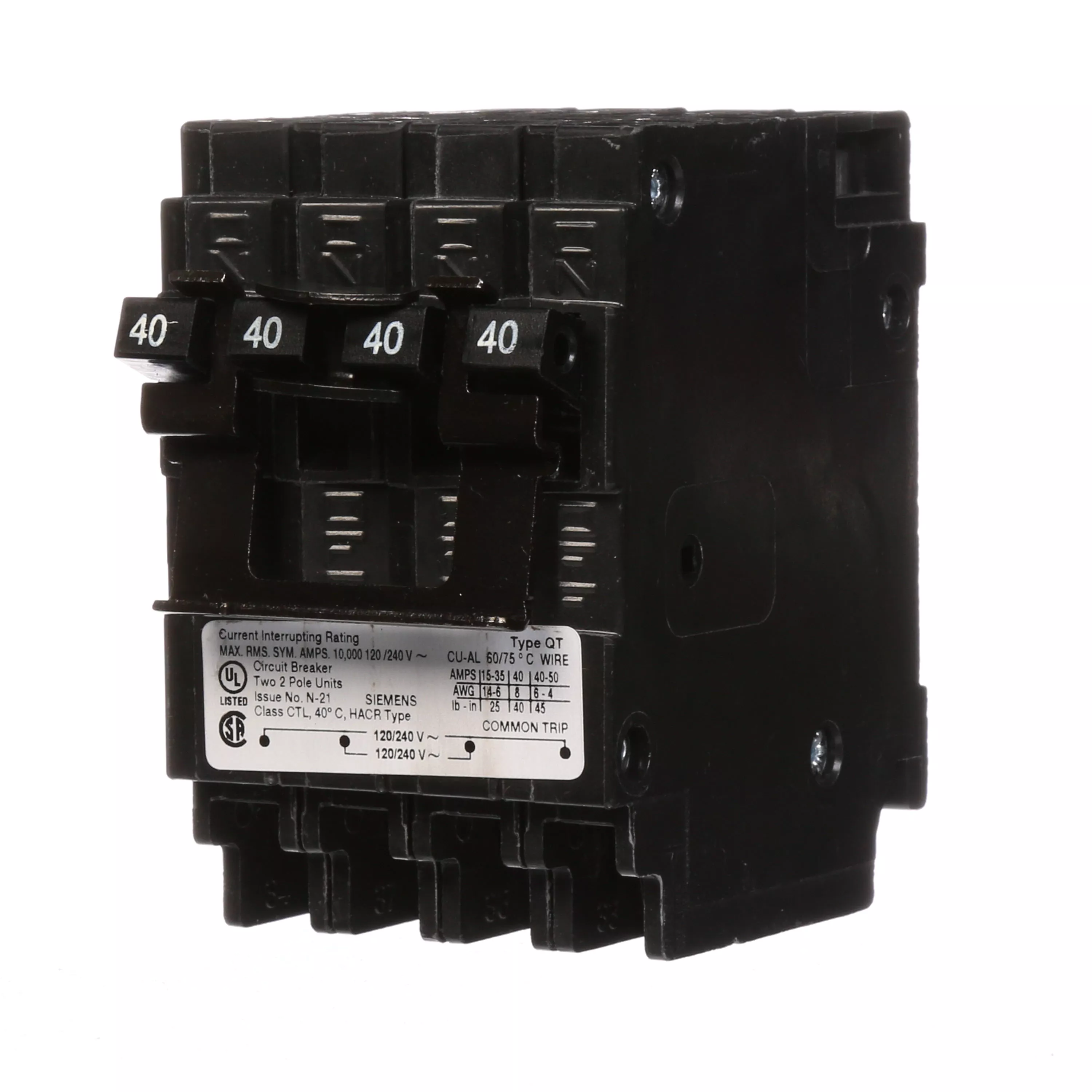 Siemens Q24040CT2 Quadplex Circuit Breaker, 2-Pole 40A-40A Inner-Outer Common-Trip, 120/240V AC, Plug-In, 10kA